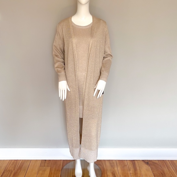 $160 Armani Exchange Gold Metallic Maxi Knit Open Cardigan Duster Merino Blend M - Picture 5 of 14